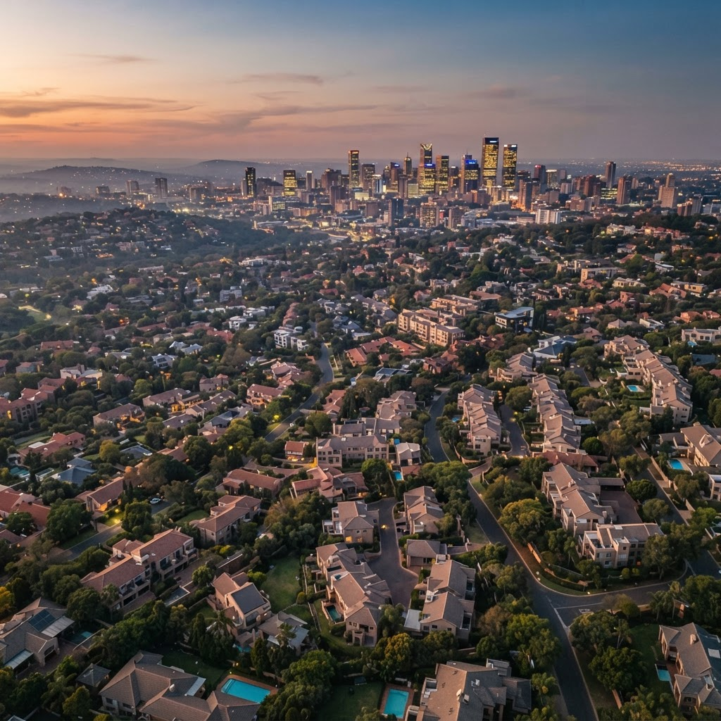 Aerial view of a South African neighbourhood at dusk