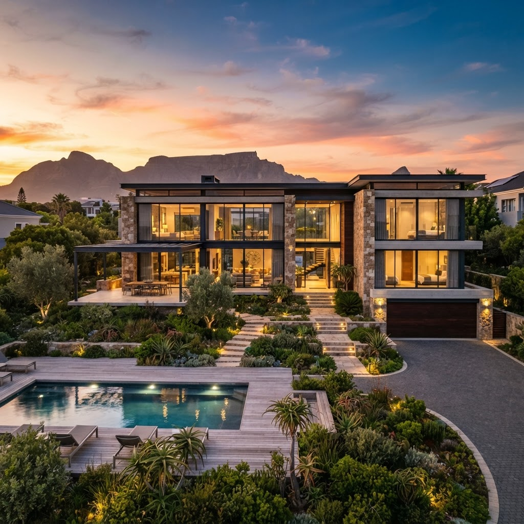 Modern upscale South African home at golden hour
